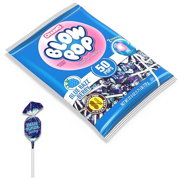 CHARMS BLOW POP SINGLE FLAVOR BAG – BLUE RASPBERRY FLAVORED LOLLIPOPS WITH A BUBBLE GUM CENTER – INDIVIDUALLY WRAPPED HARD CANDY – BLUE CANDY – PEANUT FREE, GLUTEN FREE, 50 COUNT (PACK OF 1)