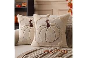 Allorry Fall Pillow Covers 18x18 Set of 2 Fall Beige Pumpkin Embroidery Throw Pillow Covers Soft Plush Faux Fur Cushion Covers for Sofa Bedroom Living Room Autumn Thanksgiving Home Decor PT-010A18