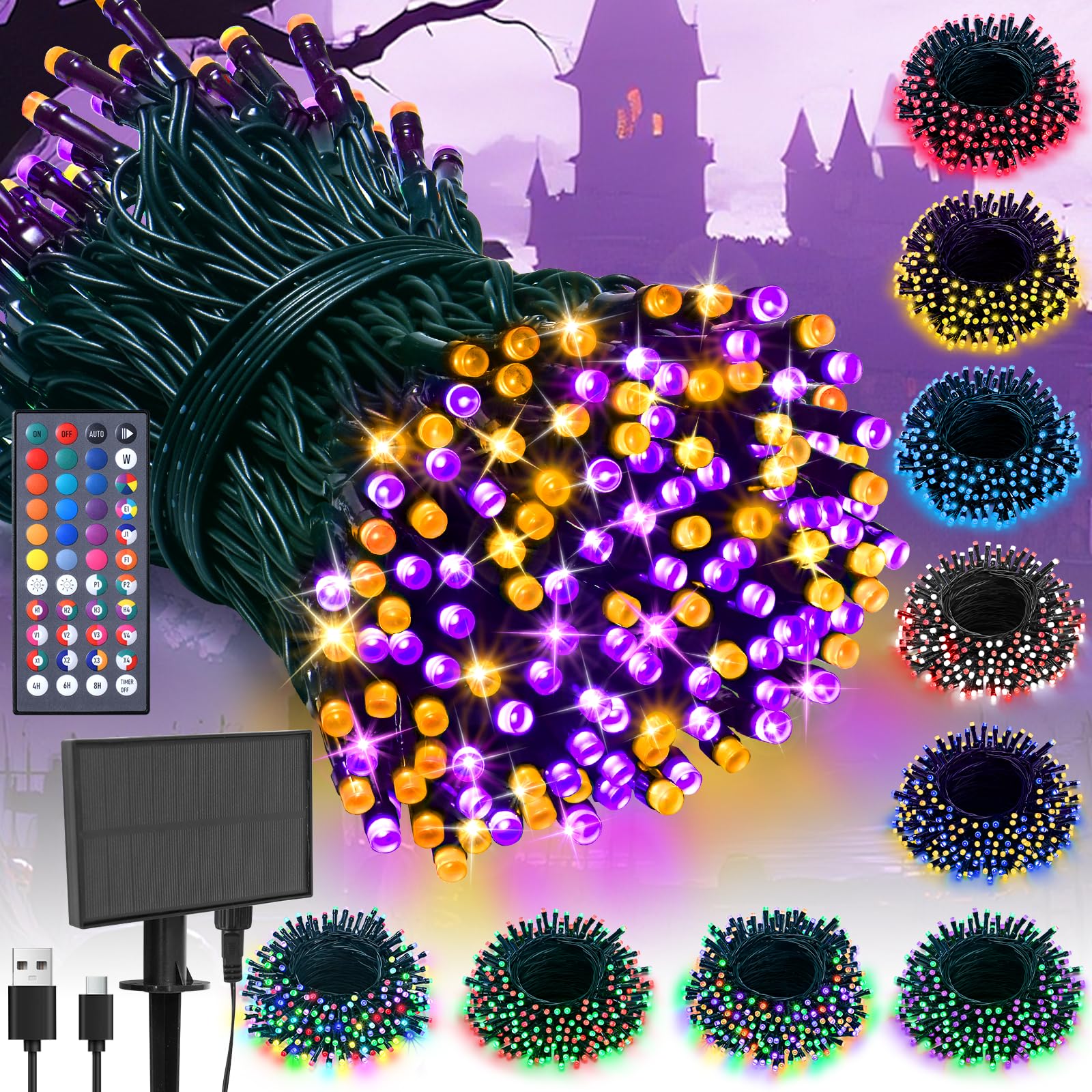 Photo 1 of LitHome 100LED Solar Christmas Lights Outdoor, 33FT 34Colors Solar/USB String Lights Waterproof with Remote, 102 Modes Color Changing Halloween String Light Dimmable for Indoor Xmas Tree Party Decor