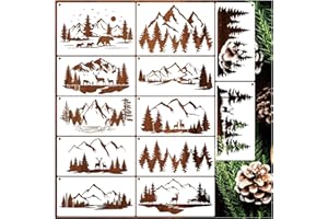 HOSOMONO 12 Pieces Mountain Stencils Pine Tree Stencils for Painting on Wood Reusable Forest Deer Bear Drawing Templates for Wood Burning Furniture Wall Fabric Window Crafts (12 Mountain)
