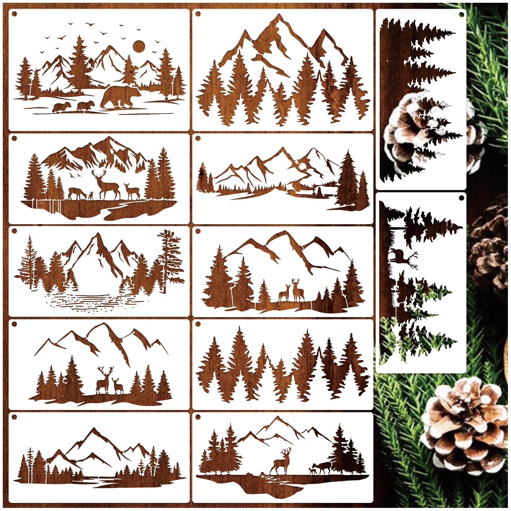 Photo 1 of 12 Pieces Mountain Stencils Pine Tree Stencils for Painting on Wood Reusable Forest Deer Bear Drawing Templates for Wood Burning Furniture Wall Fabric Window Crafts (12 Mountain)