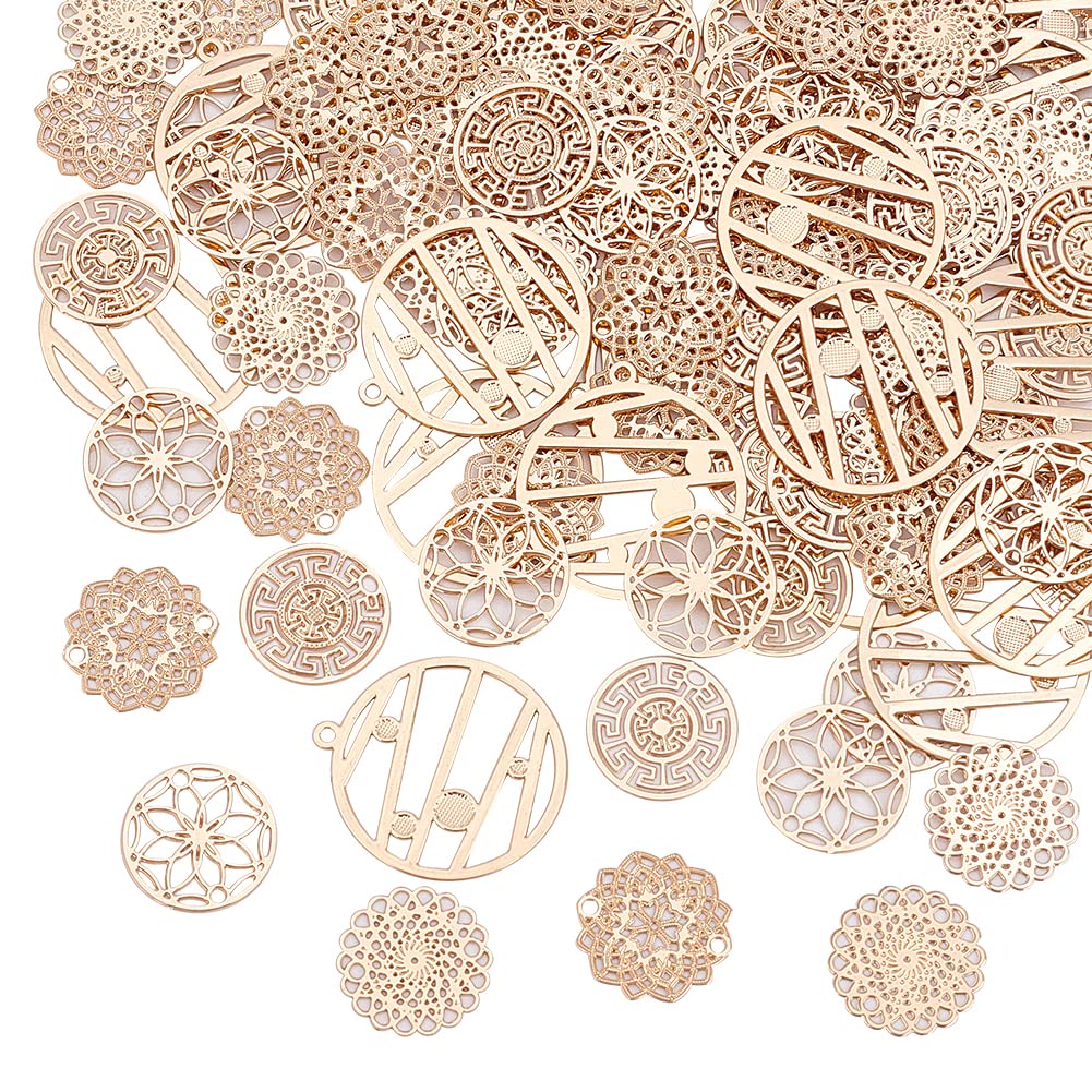 HOBBIESAY 100Pcs 5 Styles Brass Filigree Connector Charm 13-22mm Round Flower Link Light Gold Hollow Pendants for DIY Hairpin Headwear Earring Necklace Earring Jewelry Making,Hole: 1.2mm