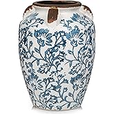 Ceramic Vintage Vase, 9.3" Rustic Blue and White Chinoiserie Floral Vase for Home Decors, Handcrafted Farmhouse Large Flower Vases for Living Room, Table, Bathroom,Centerpiece