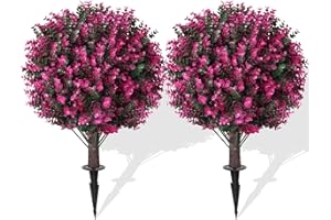 YANGRASS Artificial Pink Eucalyptus Topiary Ball Trees with Ground Spike, Set of 2 UV Resistant Artificial Shrubs, Fake Evergreen Artificial Plant Bushes for Indoor Outdoor Front Porch Garden