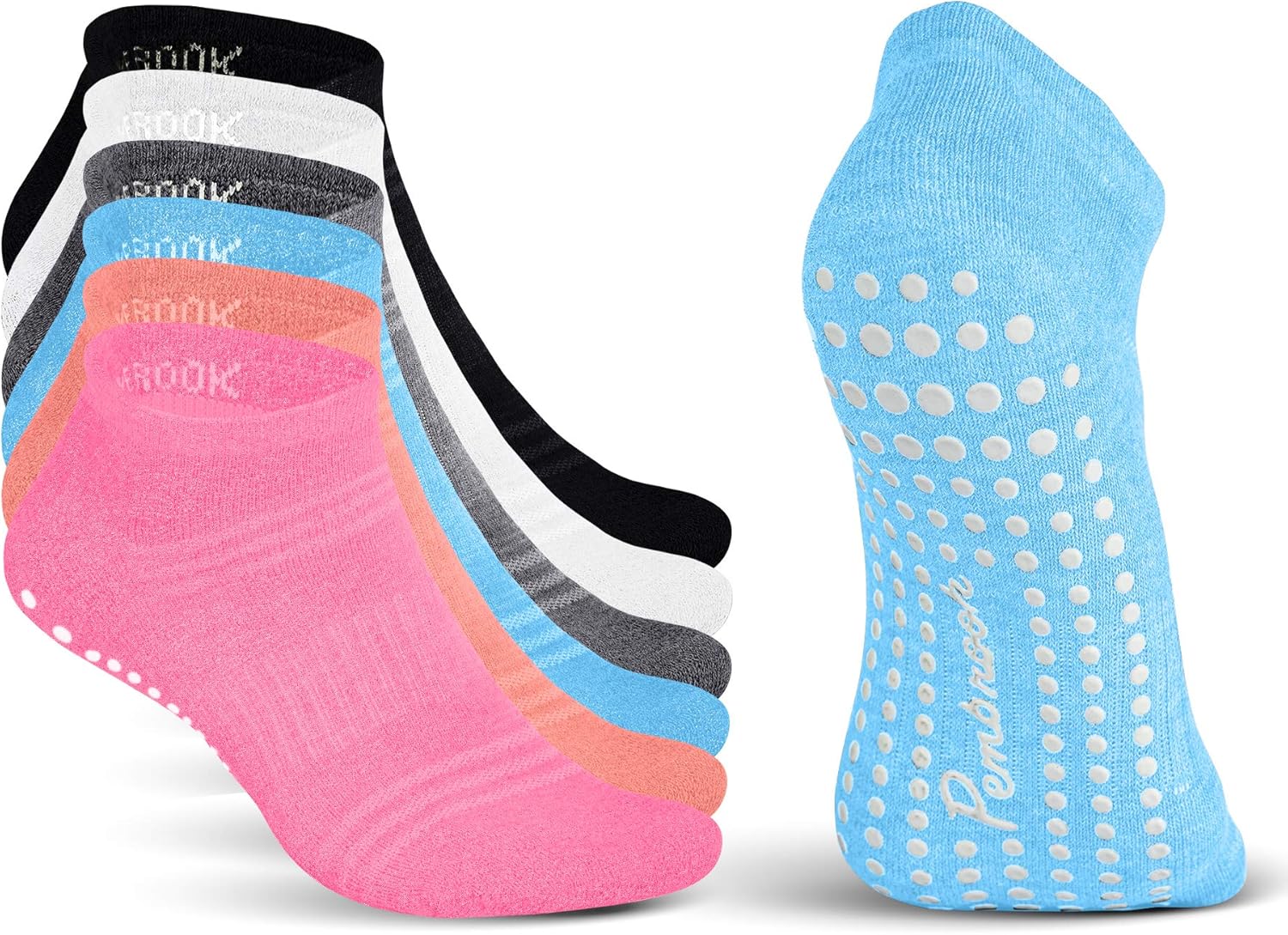 Pembrook Non Slip Grip Yoga Socks | Non Skid Hospital, Barre, Pilates, Maternity, Ballet, Women & Men (6 Pairs): Clothing