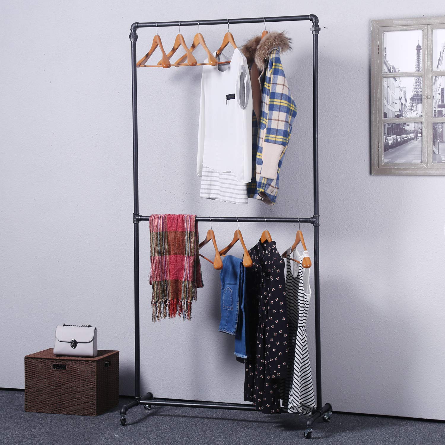 Ucared Industrial Pipe Clothing Rack Heavy Duty Double Row,Garment Rack