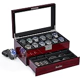 Watch Case, 12 Watch Slots &amp; 3 Sunglasses Watch Box with Drawer, Glass Lid | 2-Layer Lockable Watch Display Case, Piano Paint, Present Box, Watch Holder for Jewelry and Watch Storage for Men Women