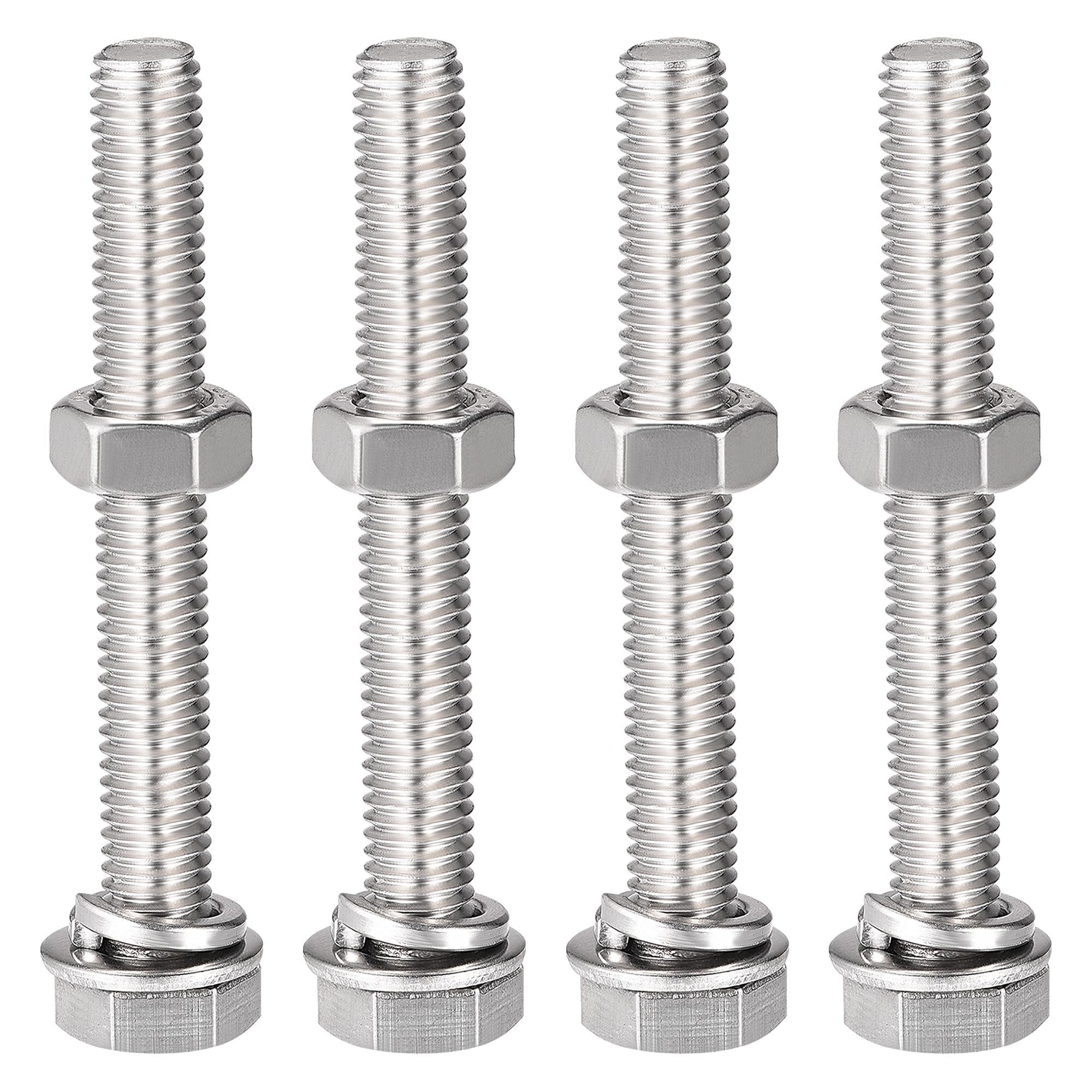 sourcing map M8 x 60mm Hex Head Screws Bolts, Nuts, Flat & Lock Washers Kits, 304 Stainless Steel Fully Thread Hexagon Bolts 4 Sets