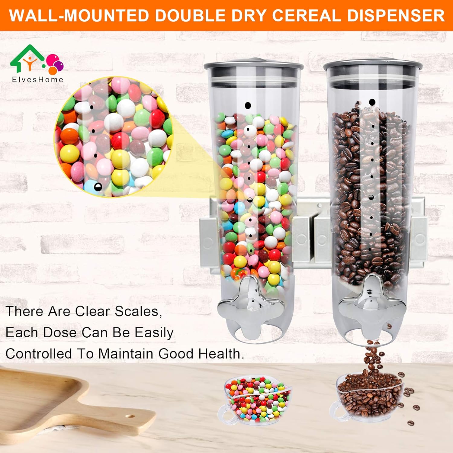2PK Food Dispenser Wall Mount Double Dry Cereal Dispensers with 2 Cork& 2 Cup Convenient Storage Dual Control for Nuts Coffee Beans Trail Mix Candy Granola Rice Pasta Container 7.5Oz Each Cereals Bank: Kitchen & Dining
