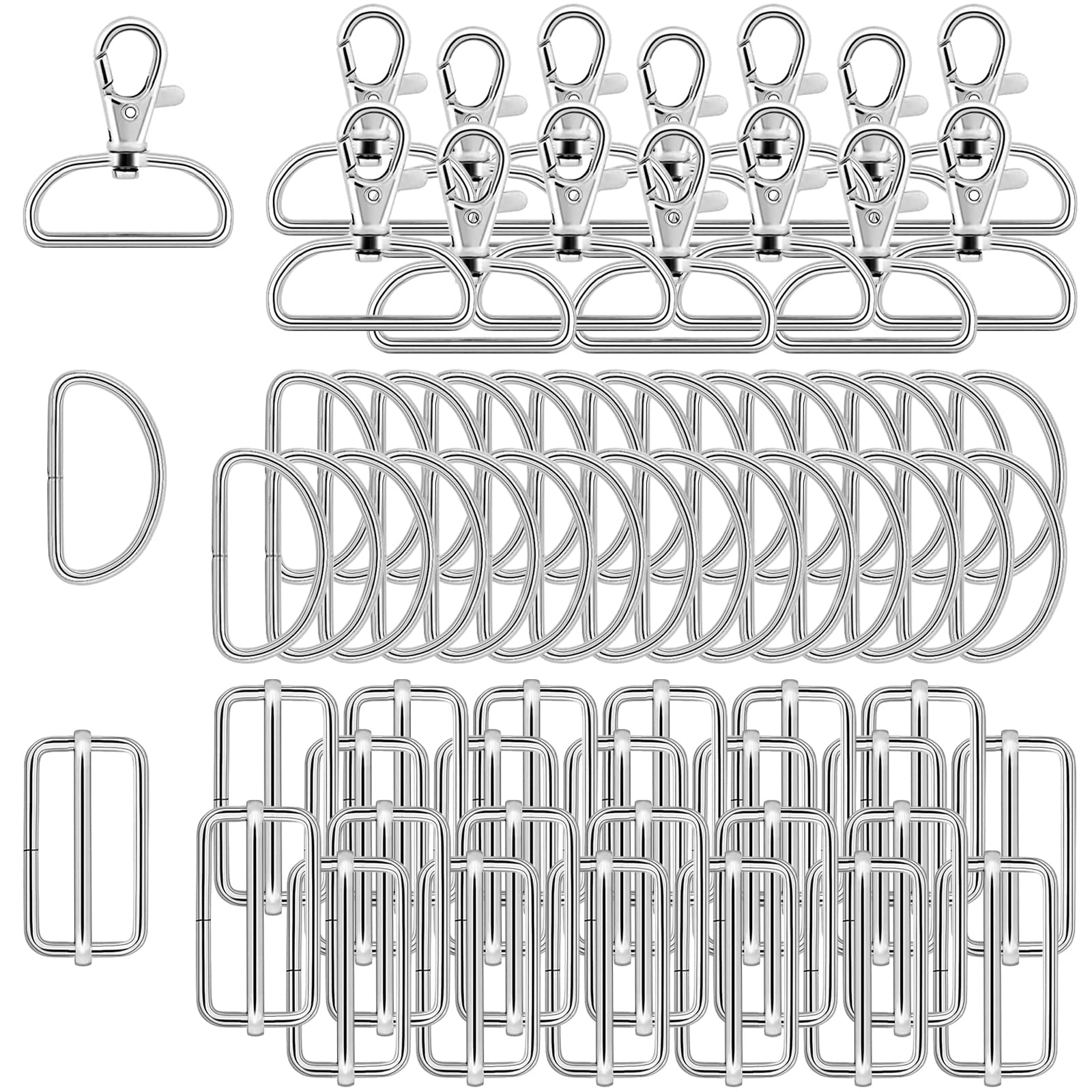 D Rings for Bags 70Pcs 32mm Metal Swivel Keychain Hooks and Slide Buckles for Bag Making Hardware, DIY Handicraft Backpacks, Handbags, Key Lanyards, Purse Bag Straps and Dog Collars (Silver)