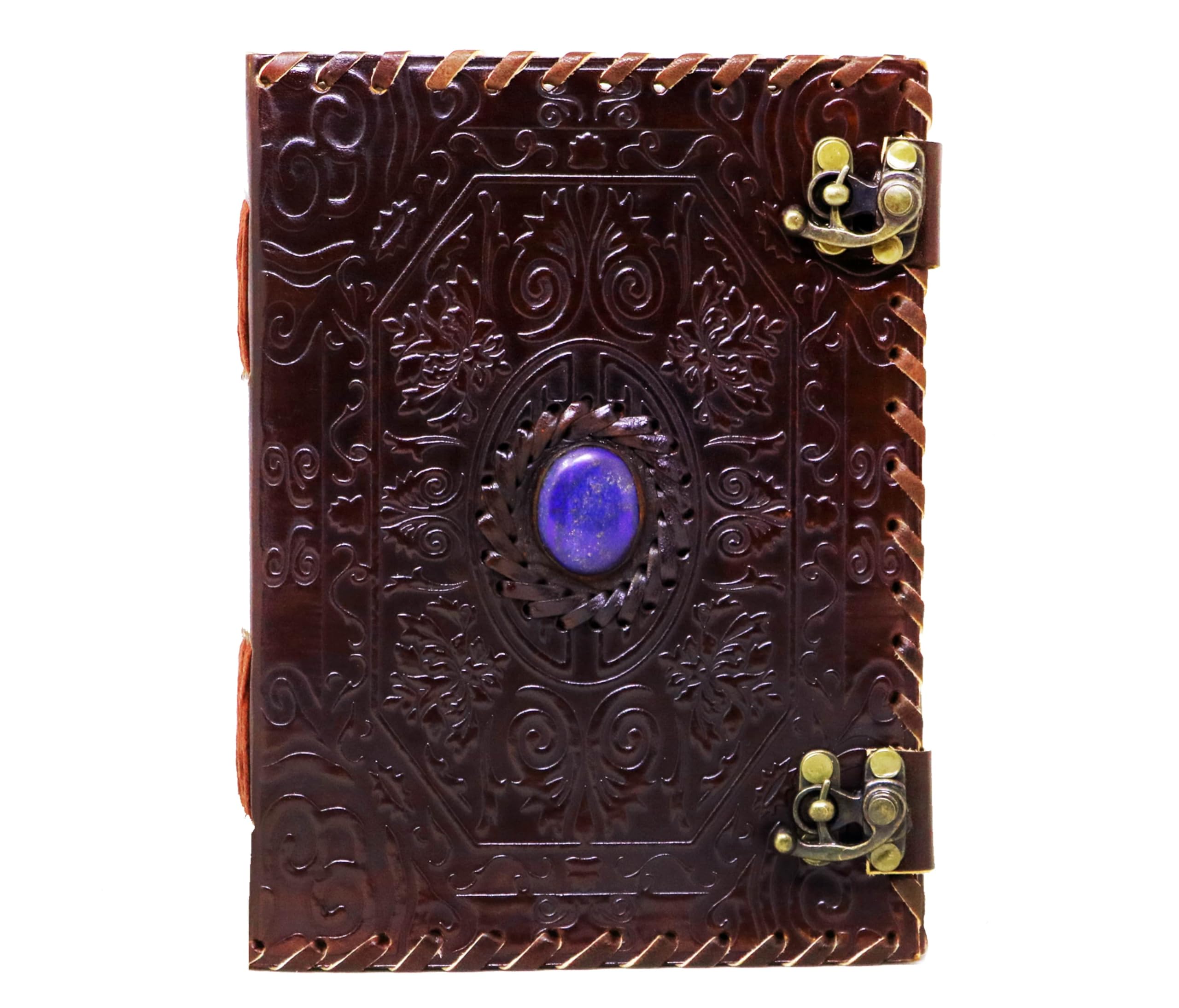 A5 Leather Journal with string closure & stone Writing Pad Blank Notebook Handmade Notepad For Men & Women Unlined Paper Art Sketchbook Travel Diary To Write Book Of Shadows Refillable Grimoire Large