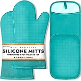 BPA-Free Soft Silicone 4 Piece Oven Mitts & Pot Holders Set - Ultra Heat Resistant Oven Mitts with Thick Cotton Liner - Long Slip Resistant Pot Holders, Flexible Oven Gloves - Aqua