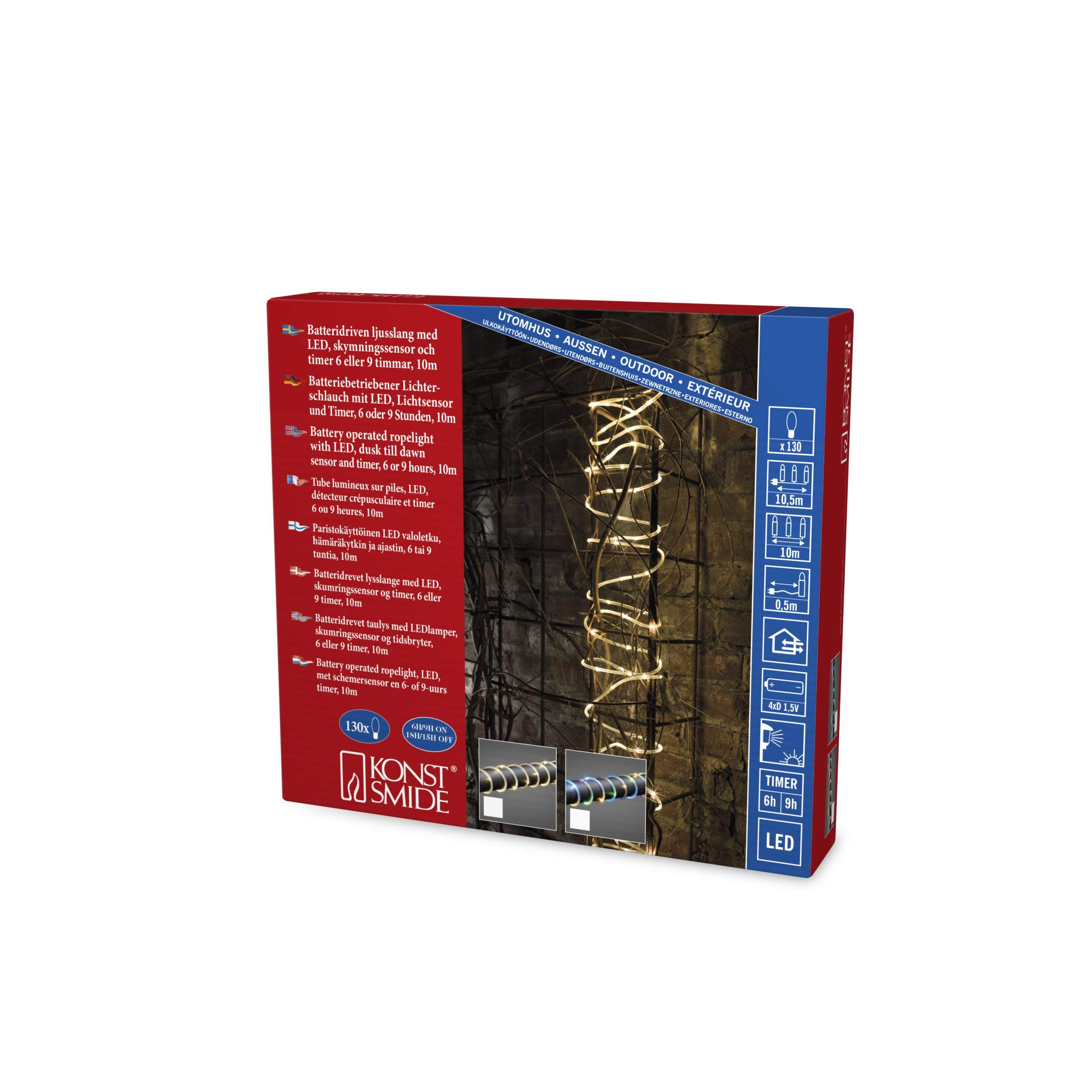 Konstsmide LED mini rope light, with light sensor and 6h and 9h timer, 130 warm white diodes, battery operated, outside (IP44), transparent cable, 4 x D 1.5V (excl.) - 3774-100