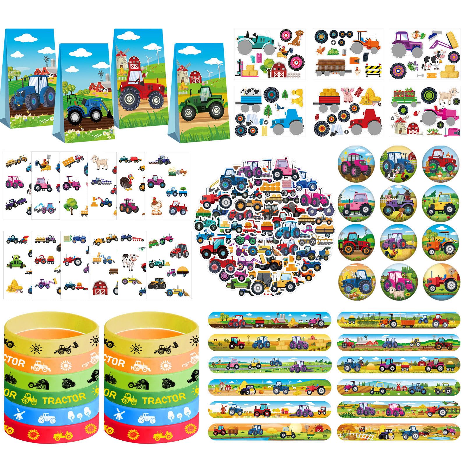 Photo 1 of Tractor Party Favors - Farm Tractor Theme Birthday Party Supplies Decorations, Gift Bags, Slap Bracelets, Rubber Bracelets, Tattoo Stickers, Button Pin, DIY Stickers for Boys Girls Kids Party Favor