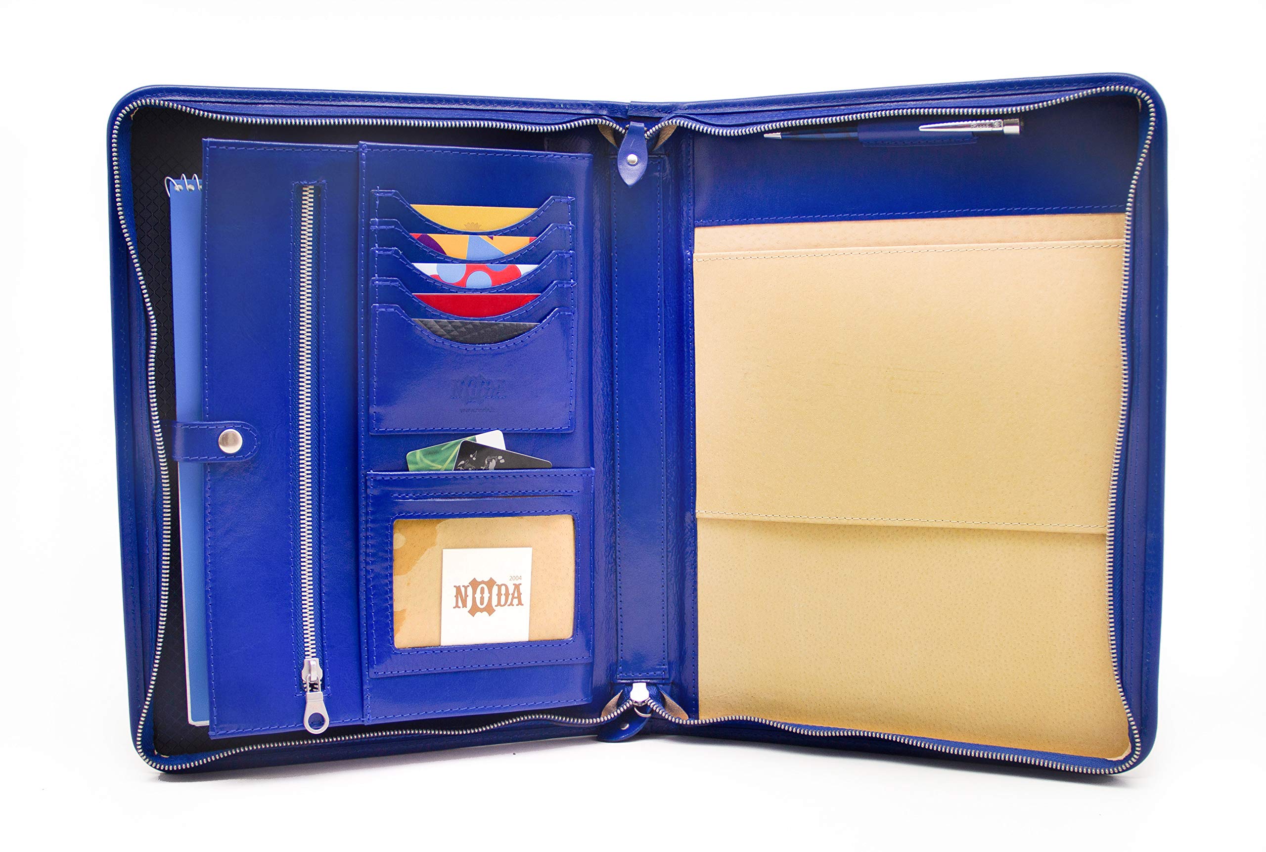 Italian Leather Portfolio, Zipped Conference A4, Folder, Padfolio, Leather Folio with Handle (Blue)
