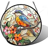 DASTOLL Stained Glass Window Hanging, Blue Bird Pink Flower Suncatcher Diamond Glass Panel Bird Sun Catchers Decor for Birthday for Women, Men, Wife, Aunt, and Mom 7.8 in