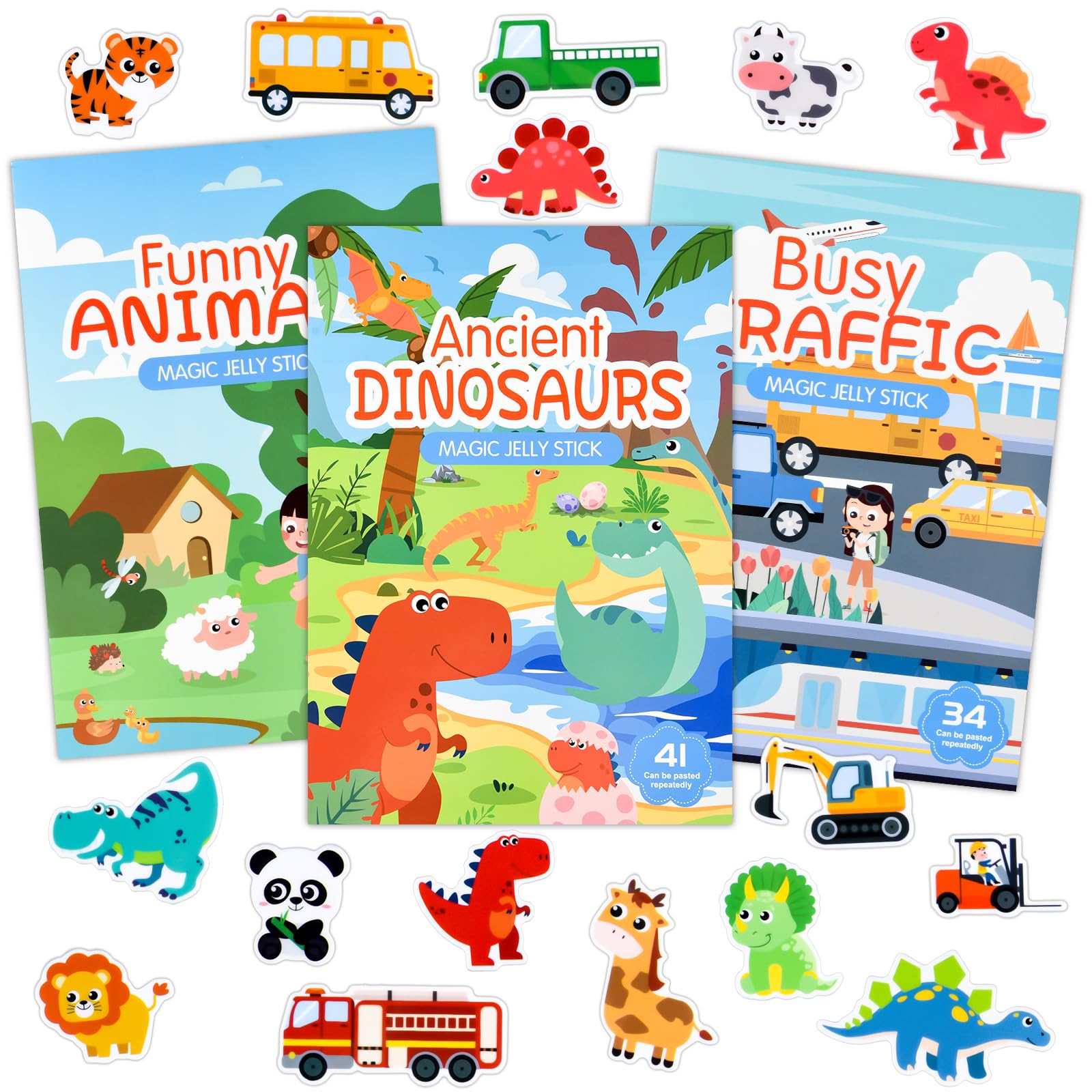 ASTARON 3 Pack Reusable Sticker Books for Toddlers, 3D Sticker Scenes Book Educational Sensory Learning Toy, Travel Toys Plane Activities for Kids (Vehicle/Dinosaurs/Animal)