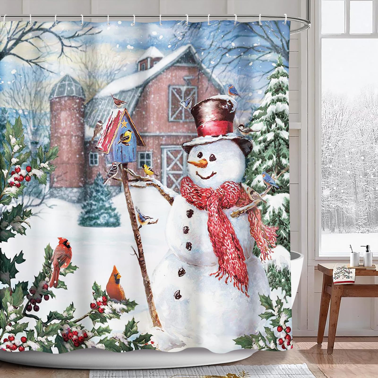AIBIIN Christmas Shower Curtain Set with 12 Hooks Winter Outdoor Snowman Snowflake Snow Pine Tree Bathroom Curtain Durable Waterproof Fabric Home Decoration 180x180cm