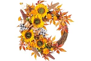 WANNA-CUL 16 Inch Fall Wreath Decor for Front Door with Sunflowers, Grains, Maple Leaves, Berries and Orange Carnations, Harvest Door Wreath for Autumn or Thanksgiving Decoration