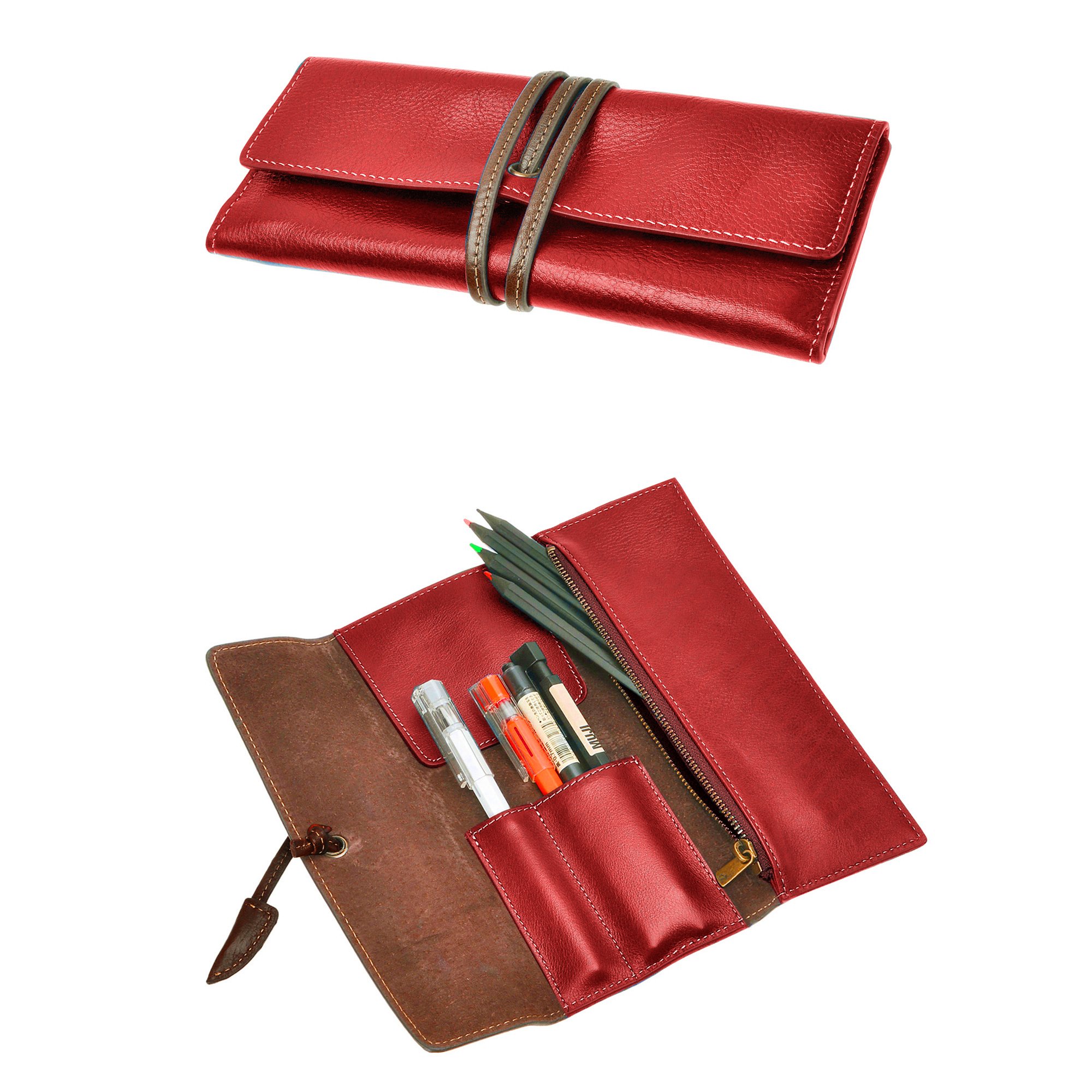 ZLYC Handmade Leather Pencil Case Soft Roll Up Vintage School Pencil Case Red