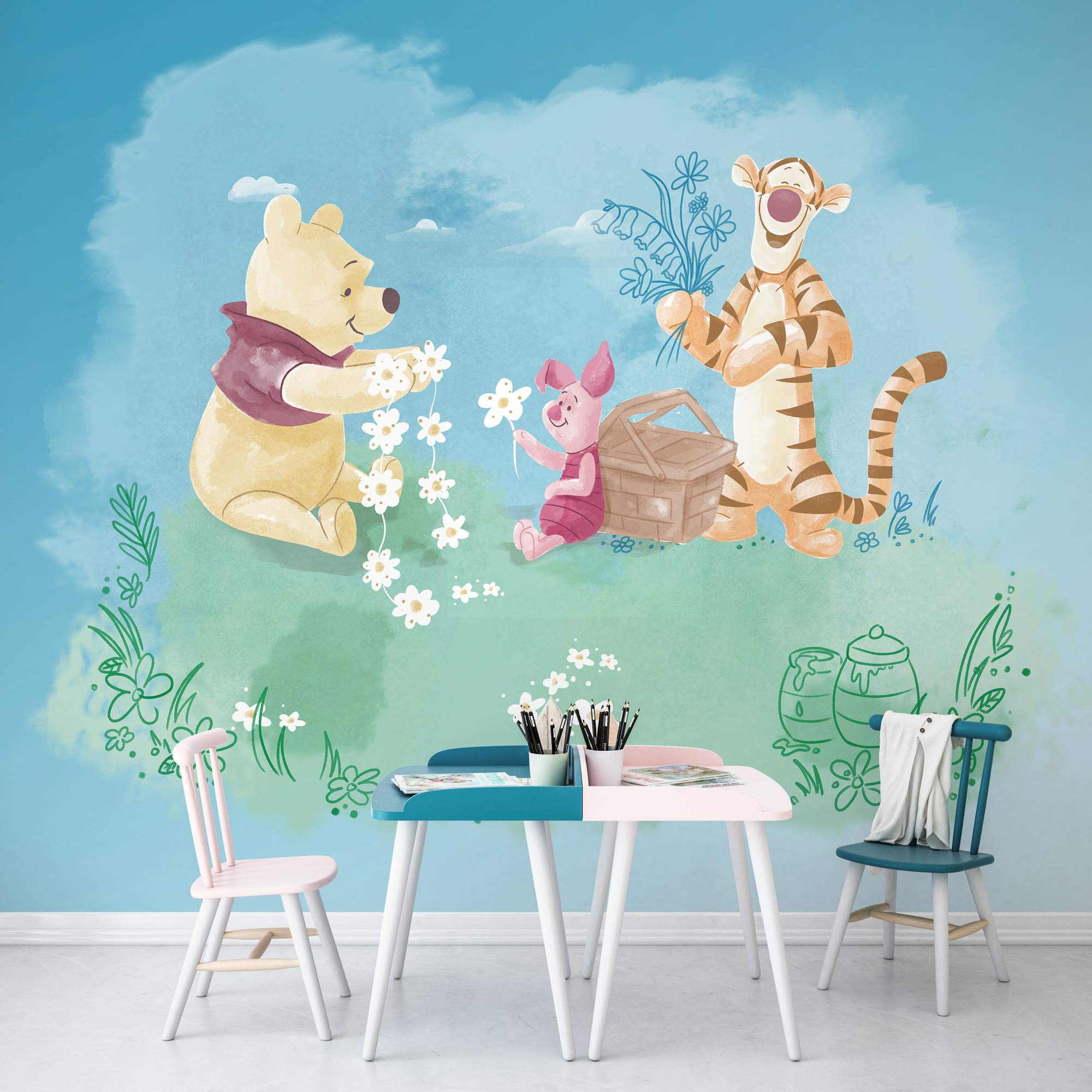 Komar DX6-033 Fleece Photo Wallpaper Winnie The Pooh Picnic Size 300 x 280 cm Width x Height 50 cm Railway Width 50 cm Wall Picture Decoration Wall Plaque Children's Bedroom