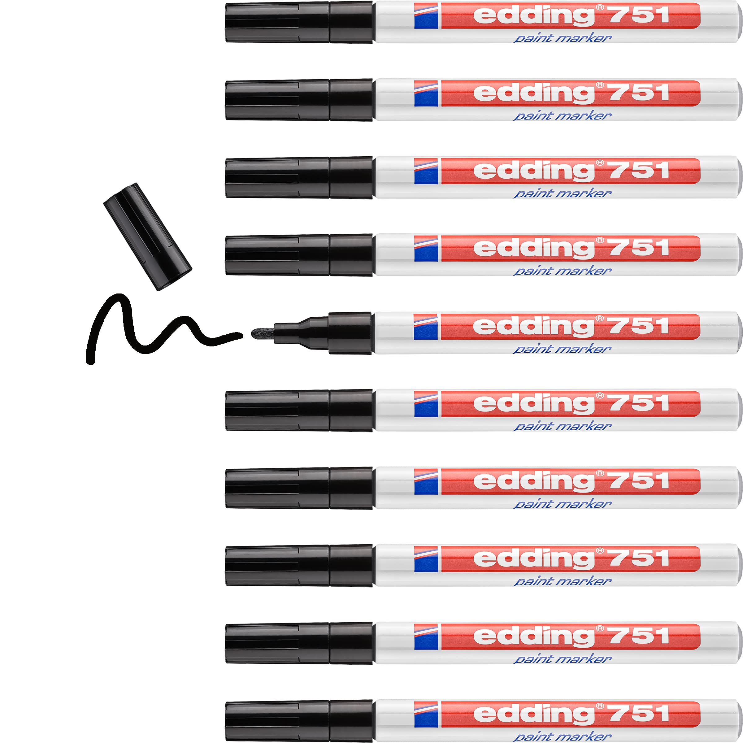 edding 751 paint marker - black - 10 pens - round tip 1-2 mm - paint marker for marking and labelling metal, glass, rocks or plastic - heat-resistant, permanent, smudge-proof and waterproof