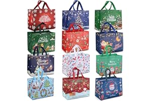 PARSUP 48PCS Christmas Reusable Grocery Bags,Tote Bags with Handles, Christmas Treat Bags, Multifunctional Non-Woven Bags for Gifts Wrapping Shopping, Xmas Party Supplies, 12.8×9.8×6.7inch