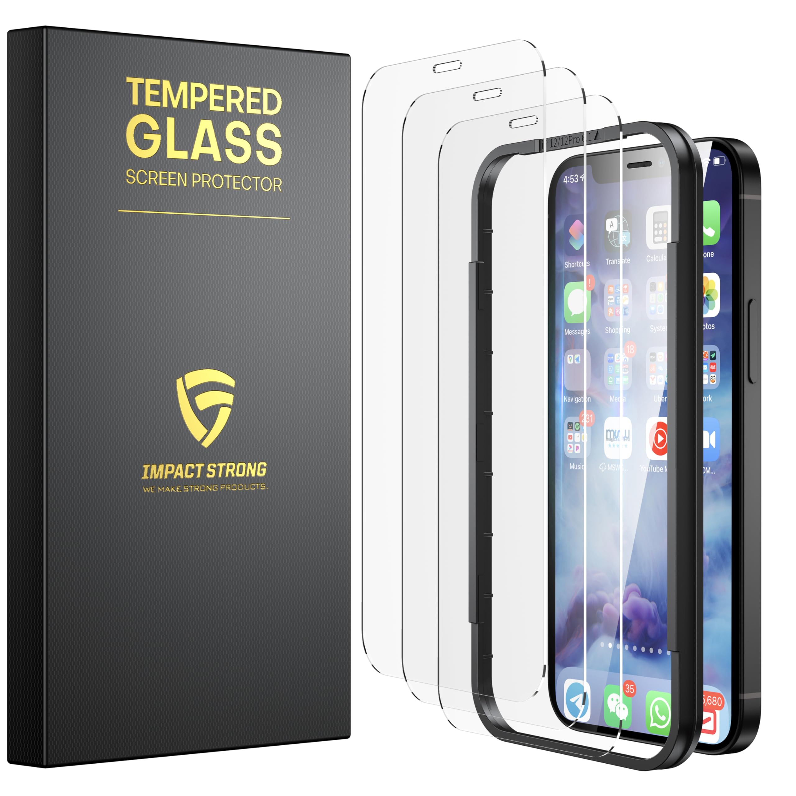 Photo 1 of ImpactStrong Shatterproof Tempered Glass Screen Protector for iPhone 12 / iPhone 12 Pro [Easy Installation Frame] [Bubble Free] [9H Hardness] [Full Coverage] Case Friendly, 6.1 Inch - (3-Pack)