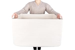 MINTWOOD Design 22in Extra Large Blanket Basket Holder Living Room, Rectangle Rope Woven Storage Basket with Handles for Laundry, Pool Towels, and Shoes, Dog Toy Organizer Bin Box, Creamy White