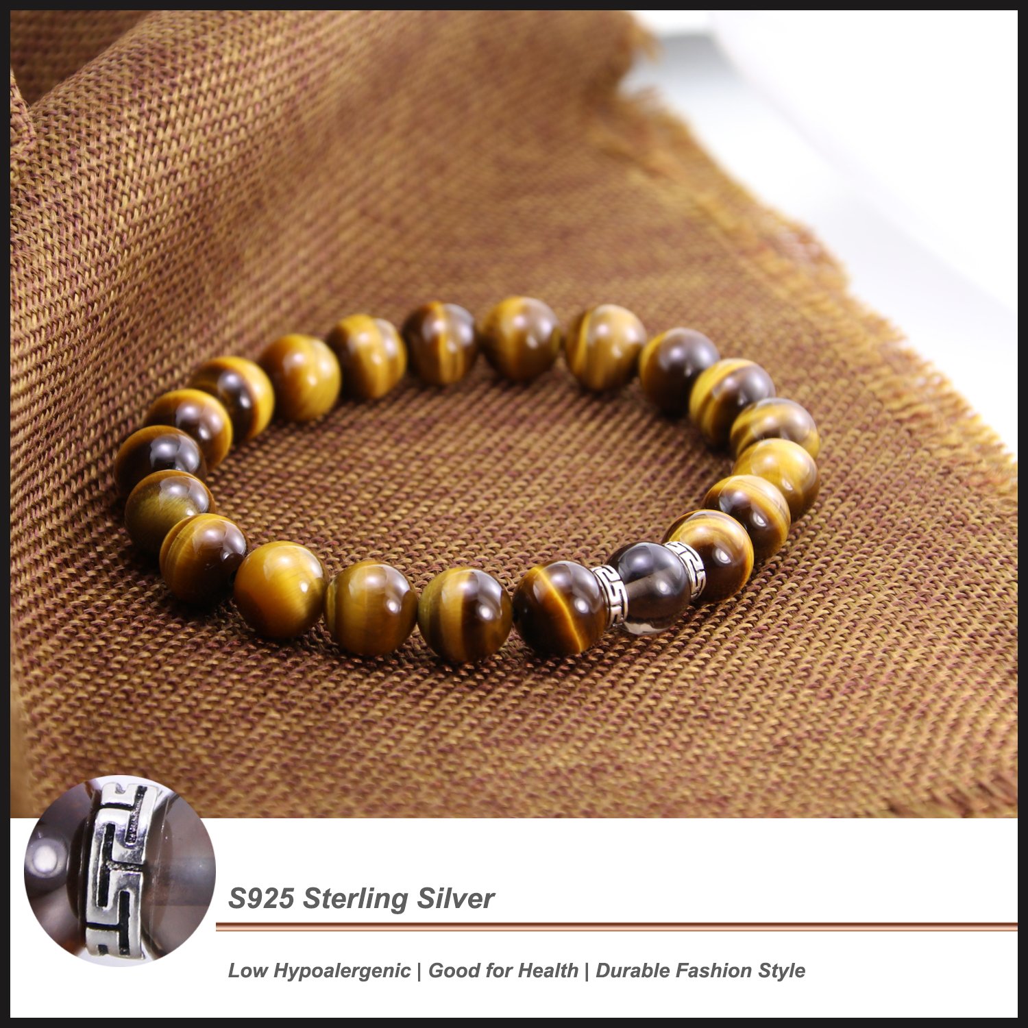 COLORFEY Tiger Eye Bracelet 10mm Real Stone Chakra Healing Bracelet for Men
