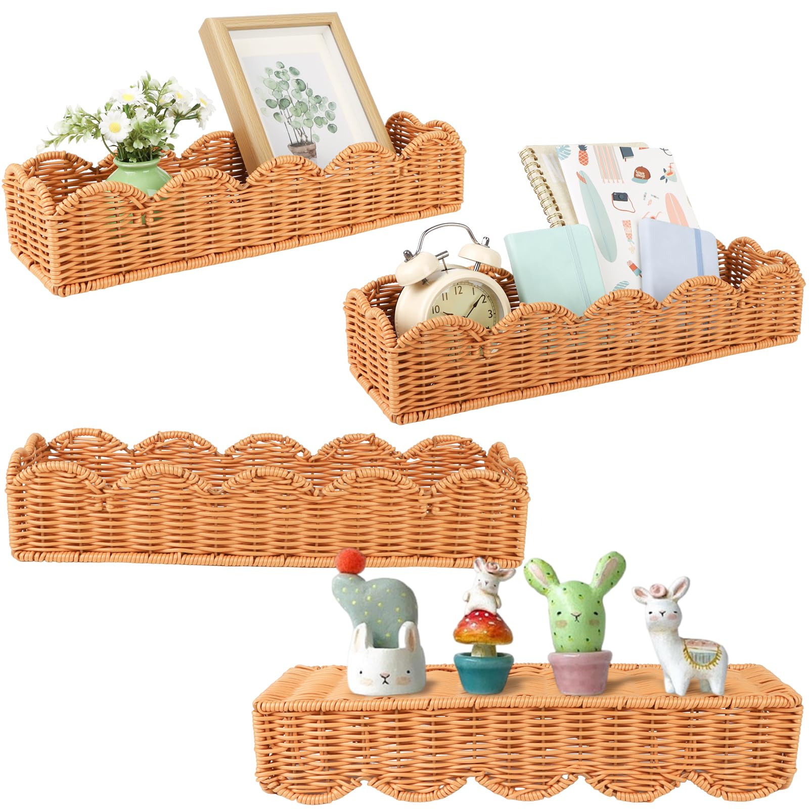 Photo 1 of 4 Set Nursery Book Shelves Scalloped Plastic Artificial Rattan Classroom Wall Shelf 15.8 Inch Wall Mounted Floating Bookshelve, Hanging Boho Wicker Woven Shelf for Bedroom Farmhouse Decor (4, Brown)
