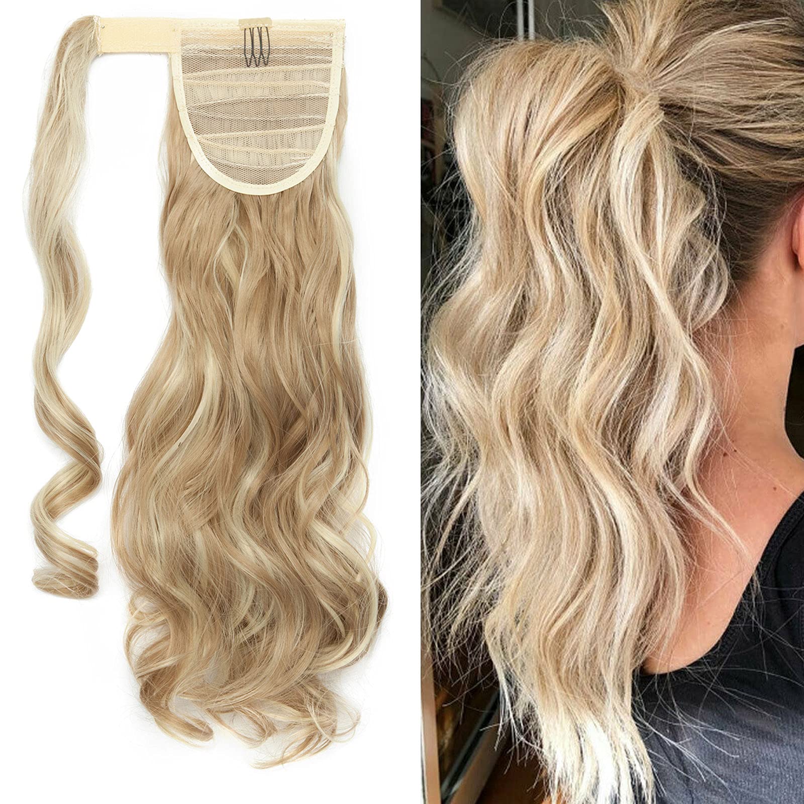 S-noilite 17" Clip in Hair Extensions Wrap around Ponytail Long Curly Wavy Hairpiece (17 inches, Sandy Blonde & Bleach Blonde)