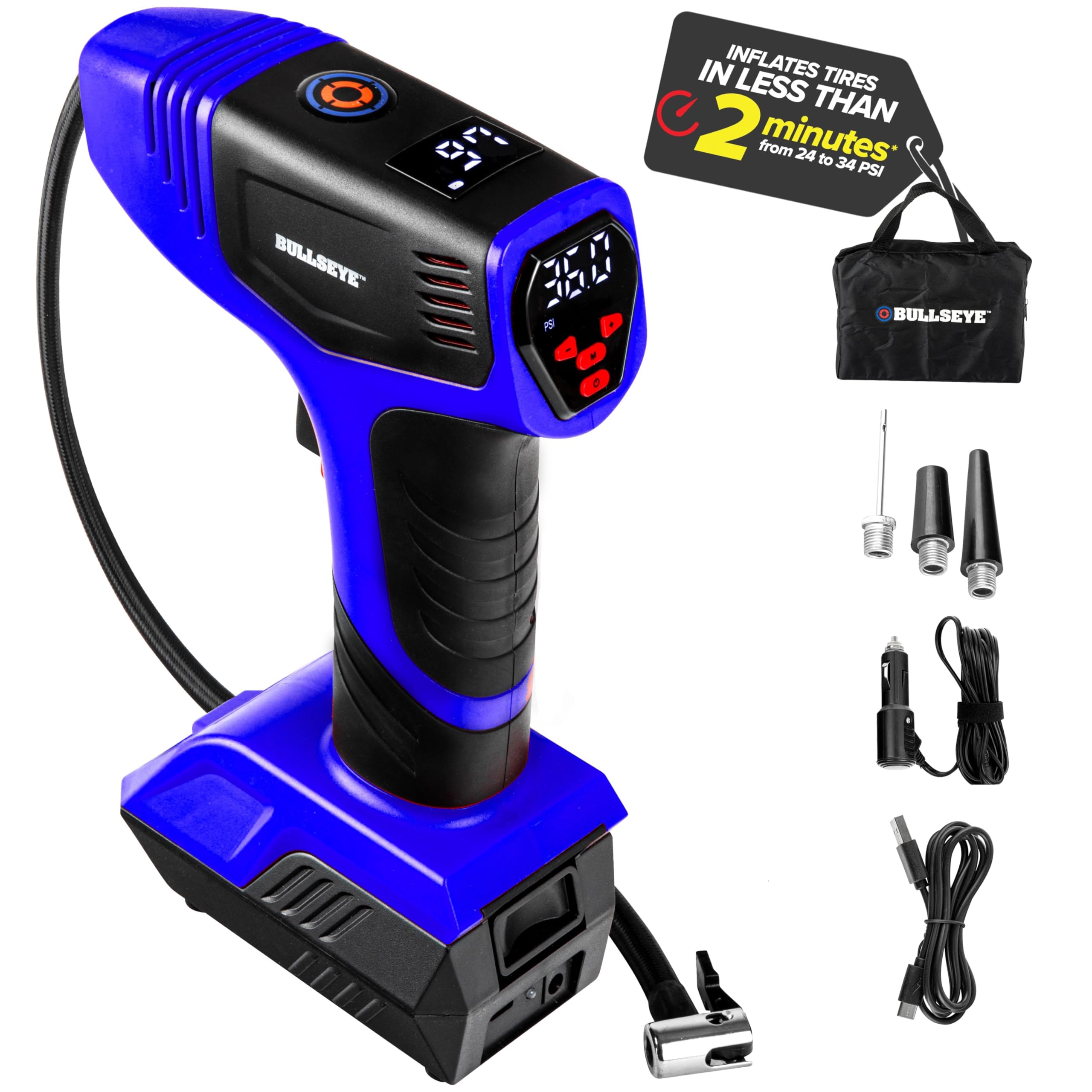 Photo 1 of Bullseye Pro Tire Inflator Portable Air Compressor, Car Tire Inflator Portable, Portable Air Pump for Car Tires - 150PSI, 12V DC 1500 mAhs with Tire Pressure Gauge, Rechargeable As Seen On TV(Blue)