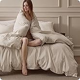 Bedsure 100% Washed Cotton Duvet Cover King Size - Oatmeal Minimalist Bedding Set Linen Like - PureWoven Plain Simple & Soft 