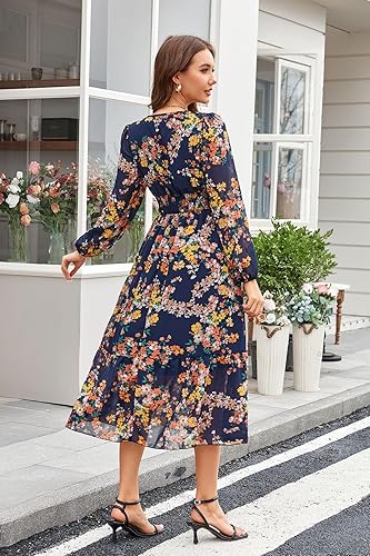 Women's Spring Wrap Maxi Dress Floral V Neck Long Sleeve Wedding