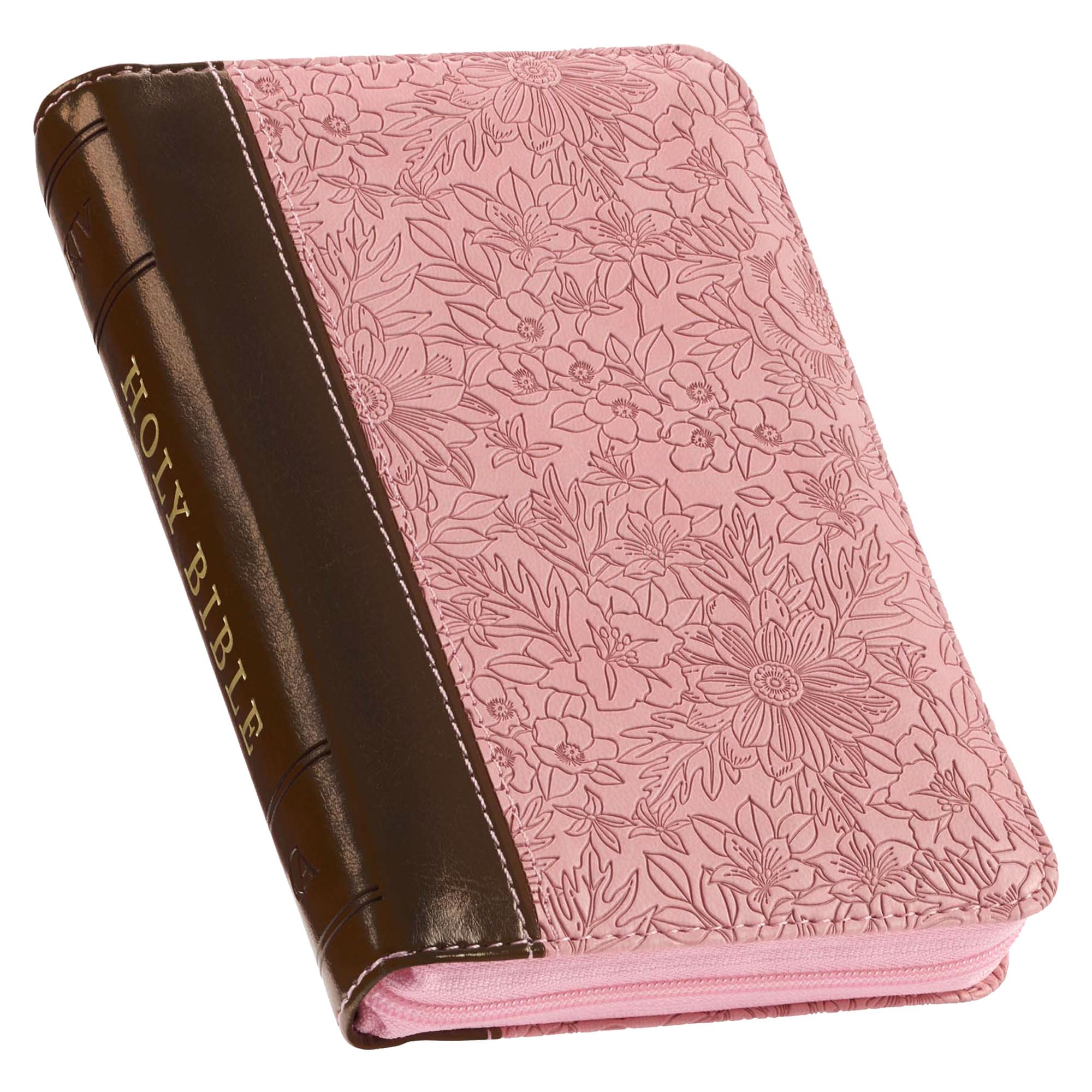 KJV Holy Bible, Mini Pocket Size, Faux Leather Red Letter Edition - Ribbon Marker, King James Version, Pink/Saddle Tan, Zipper Closure, 6.2