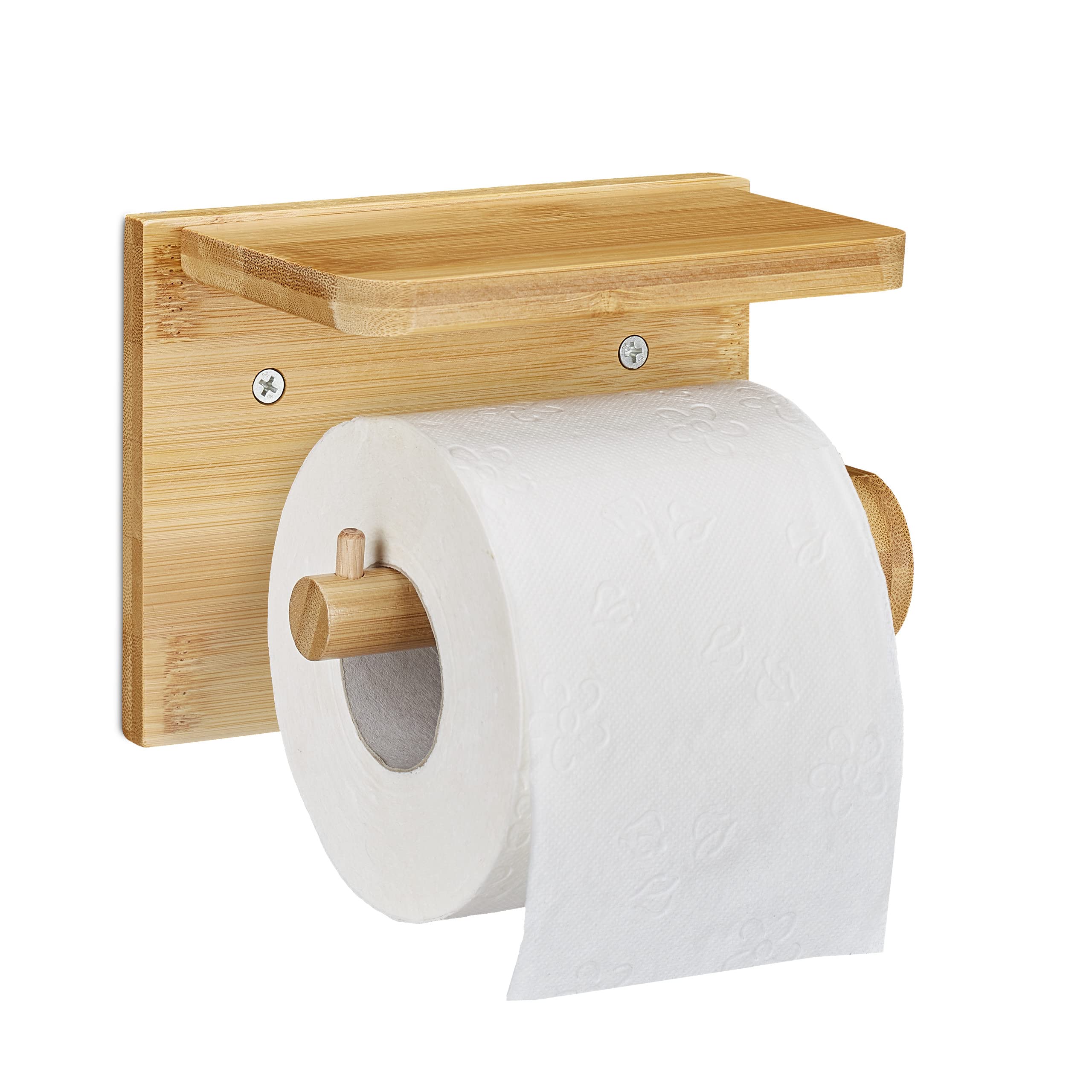Relaxdays Toilet Roll Holder, Wall Shelf, Phone Holder, Bathroom, Wooden, Storage, HxWxD: 12x16x10.3 cm, Natural