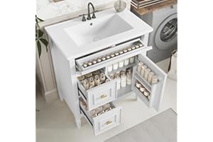 Merax 30" Bathroom Vanity with Ceramic Sink, Freestanding Cabinet with 1 Tip-Out Top Drawer & 2 Pull-Out Drawers, Cabinet wit