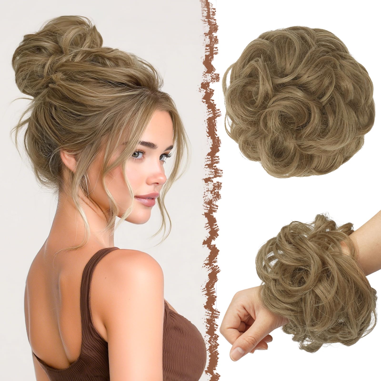 FESHFEN Messy Bun Hair Piece Hairs Scrunchies Thick Curly Wavy Pony Tail Synthetic Accessories Donut Updo Hairpieces for Women Girls 55g, Light Brown mix Natural Blonde