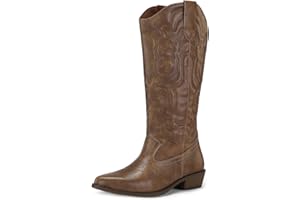mysoft Women's Cowboy Boots Mid Calf Cowgirl Boots Embroidered Western Pointed Toe Chunky Heel Pull On Knee High Boots