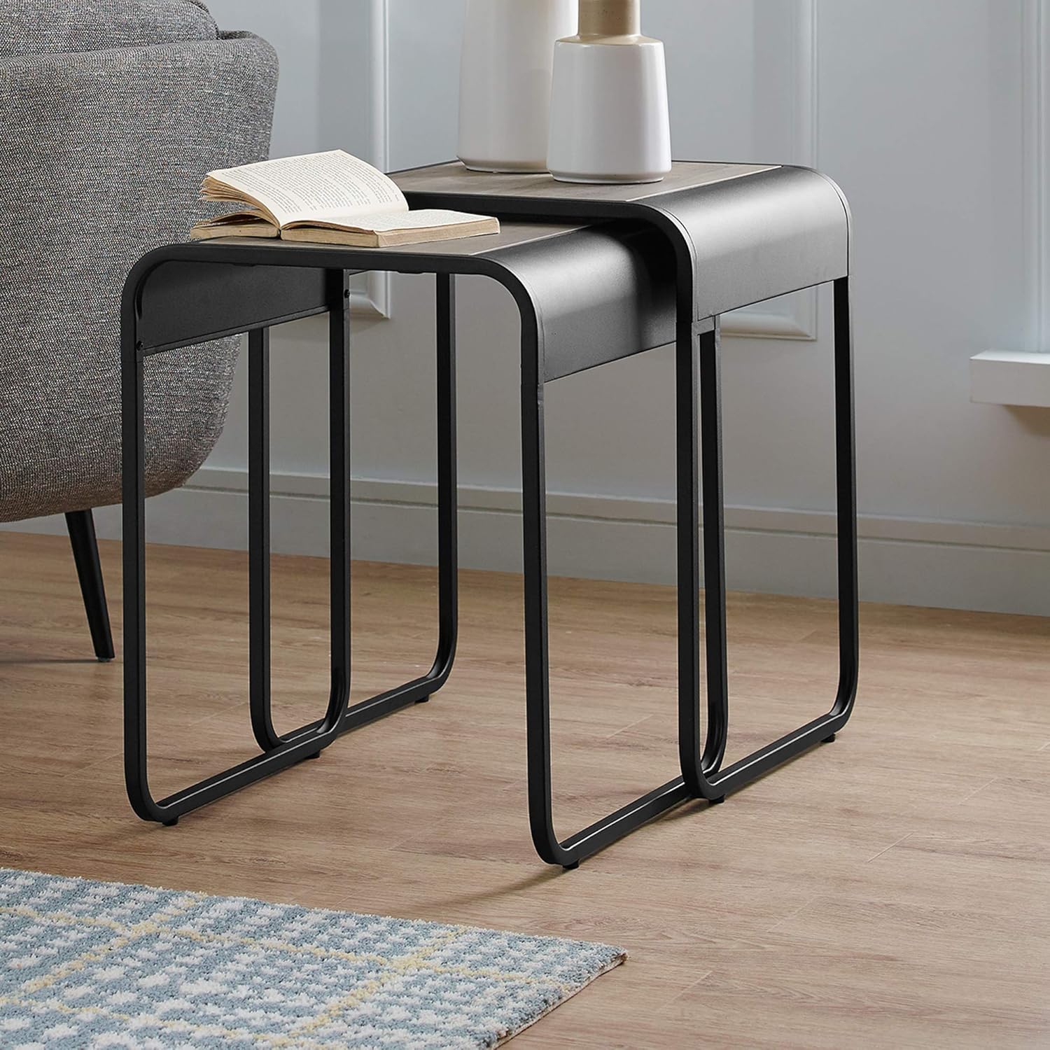 Walker Edison Furniture Company Curved Metal Frame Nesting Side Accent Set Living Room Storage End Table, Grey Wash: Furniture & Decor