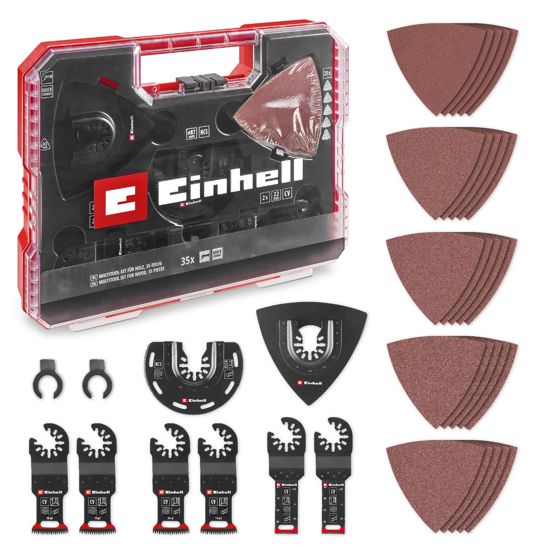 Original Einhell XL-Plus-CASE 35-Piece Multi-Tool Set for Wood (CV Plunge Saw Blades, HCS Half-Round Saw Blade, Delta Backing Plate, Aluminium Oxide Sandpaper for Wood, Dremel Adapter)