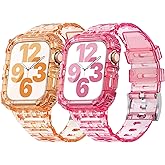 ANCOOL Compatible with Apple Watch Clear Band 45mm 44mm 42mm for Women Men, Crystal Bands with Bumper Case for iWatch Series 9 8 7 SE 6 5 4 3 2 1, Clear Orange+Red
