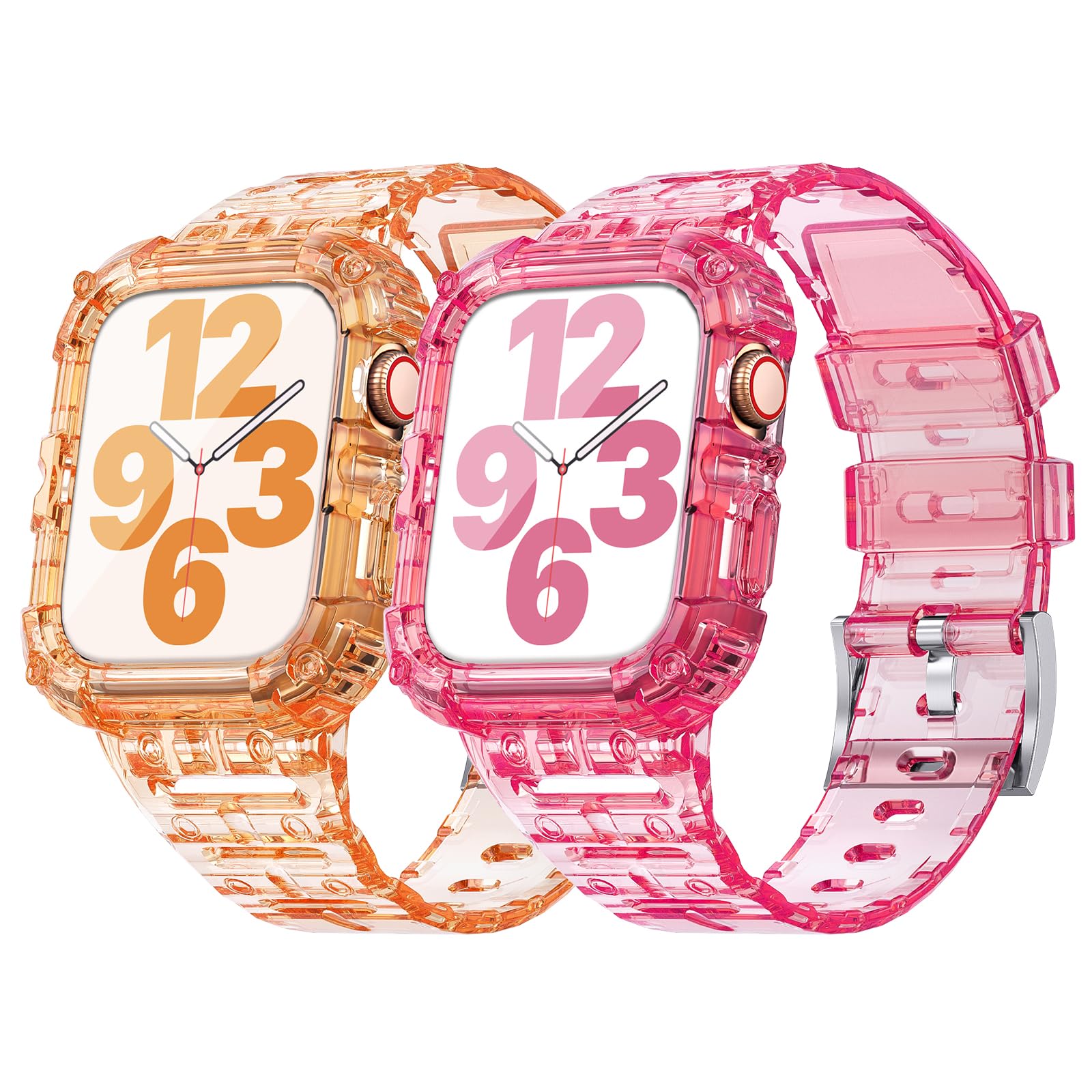 Photo 1 of ANCOOL Compatible with Apple Watch Clear Band 41mm 40mm 38mm for Women Men, Crystal Bands with Bumper Case for iWatch Series 9 8 7 SE 6 5 4 3 2 1, Clear Orange+Red
