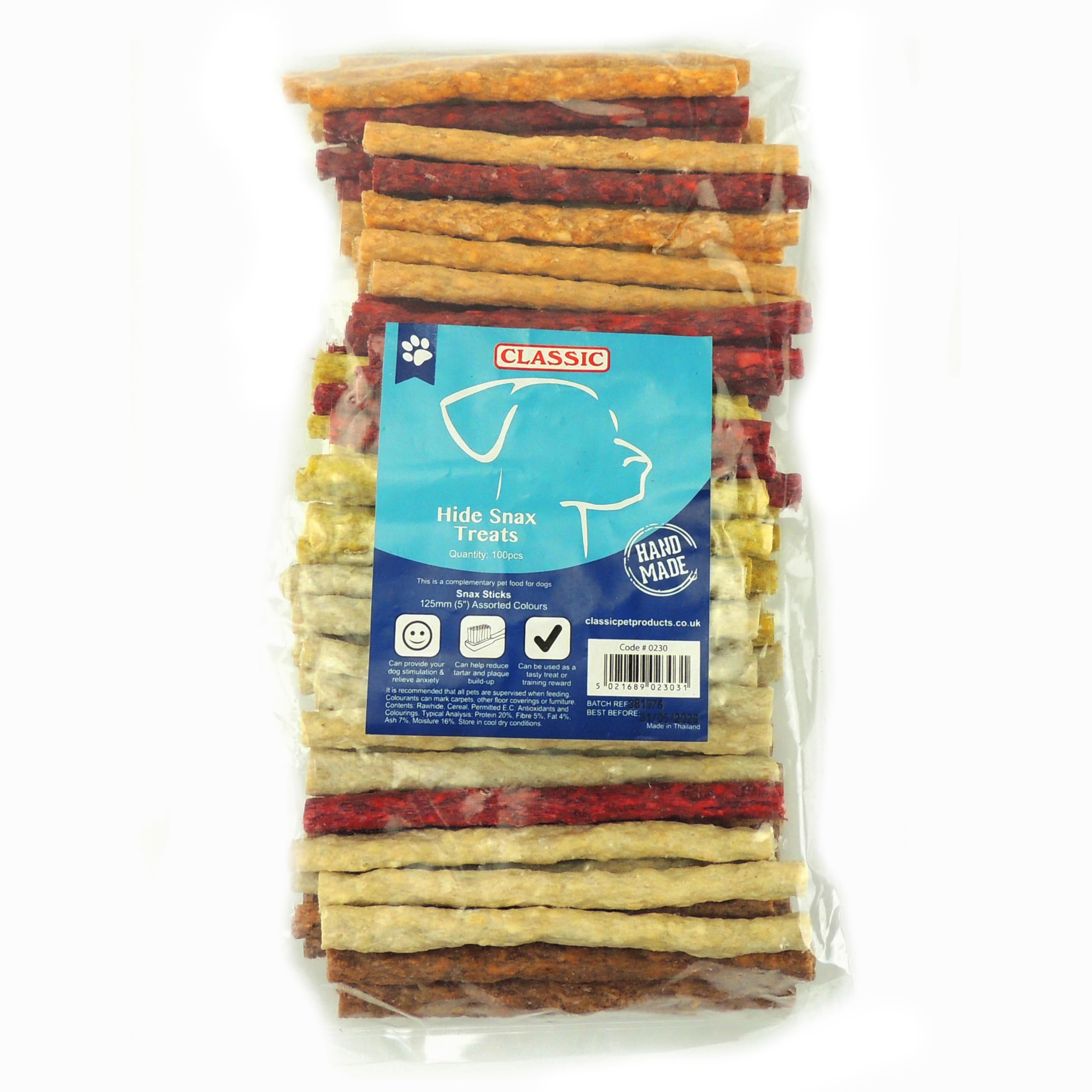 Classic Pet Products 100 Percent Hide Snax Sticks, 125 mm, Multi-Colour, Pack of 100