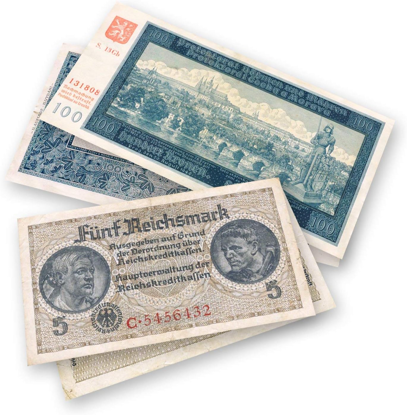 WW2 World Currency, 2 Banknotes that were used during the World War 2 by German to invade foreign territories (1939-45)