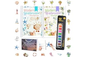 APOLYONE Watercolor Workbooks with Step by Step for Adults Teens - 2 Pack Beginner workbooks with 24 Coloring Book Pages - 12 color blocks and a Brush - Watercolor Paper 300gsm/140lb (bouquet & seaside)