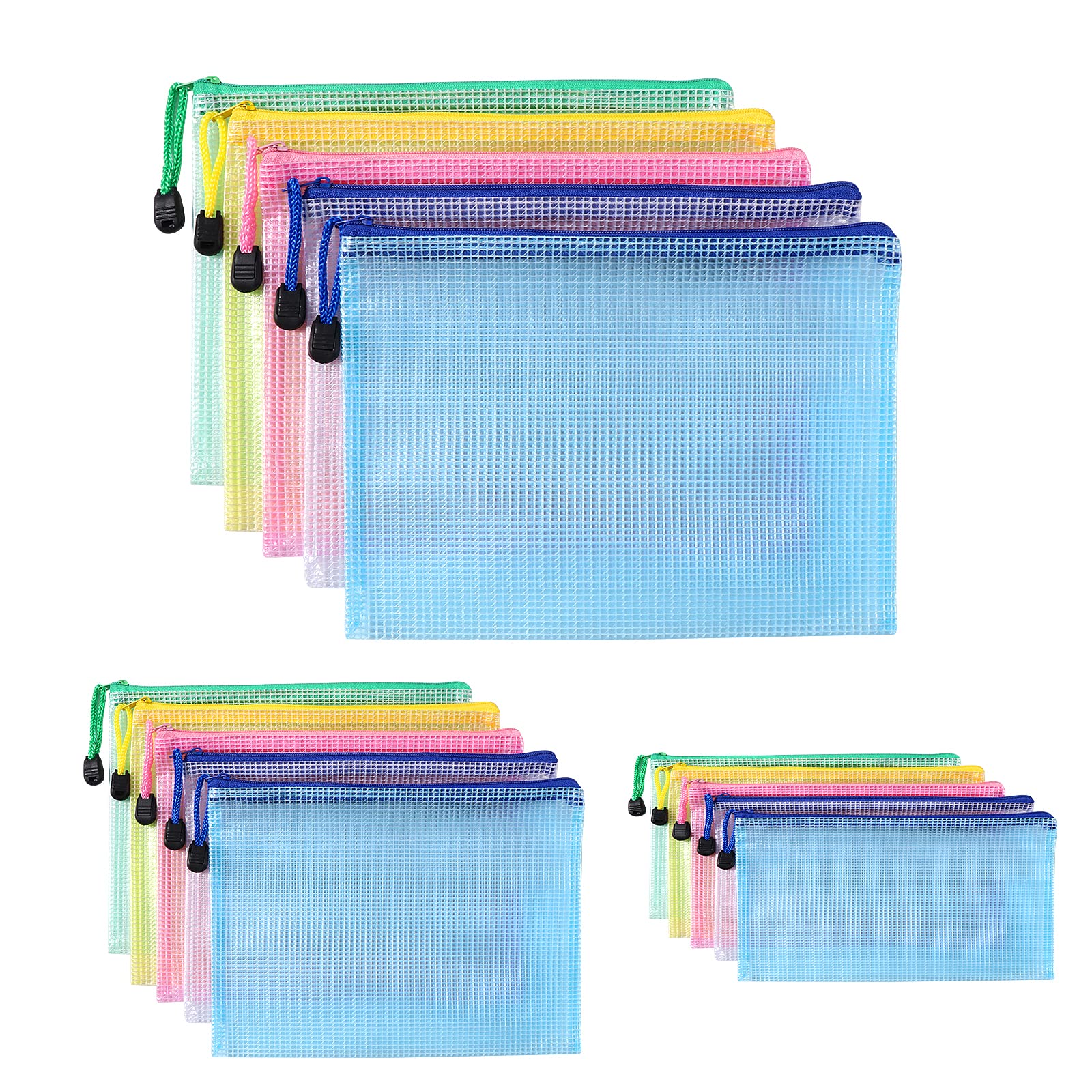 Oderra Document Wallet A4 + A5 + A6, 15 Pieces (5 Each) Zip Pocket, Mesh Bag with Zip for Documents, Paper, Cosmetics and Colour Bags, 5 Colours, A+4 A+5 A+6