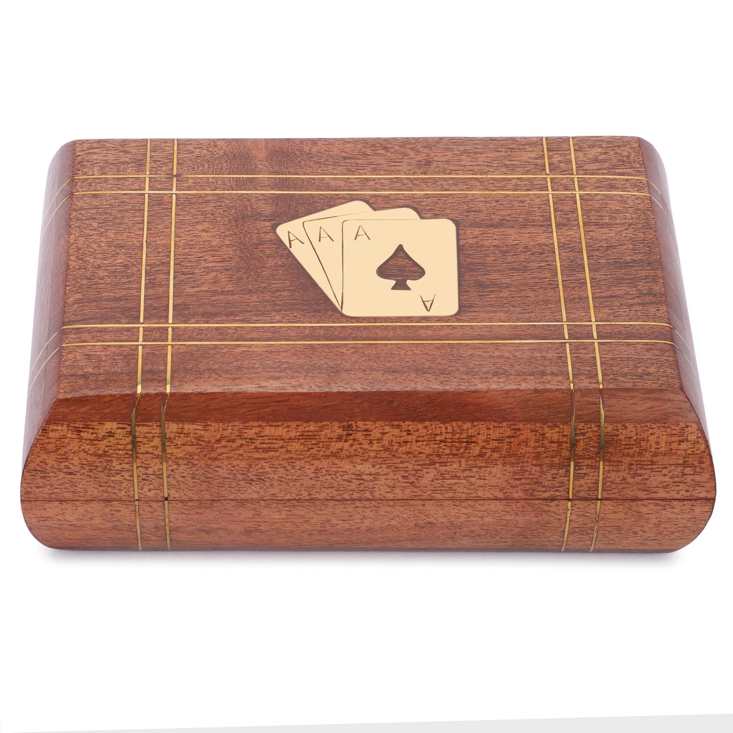 Ajuny Handcrafted Decorative Wooden Double Deck Playing Card Box Holder With 2 Set of Playing Cards Adorned with Ace card Brass Inlay Best Gifts For Him Her