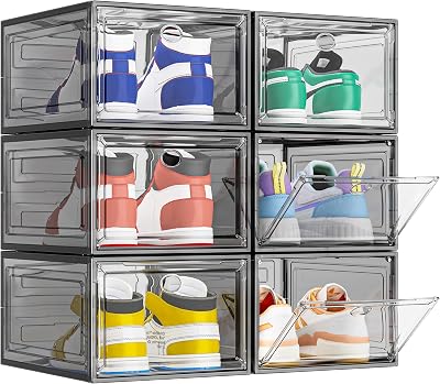 TidyTrove 6 Pcs Clear Shoe Storage Box Stackable Magnetic Door Black